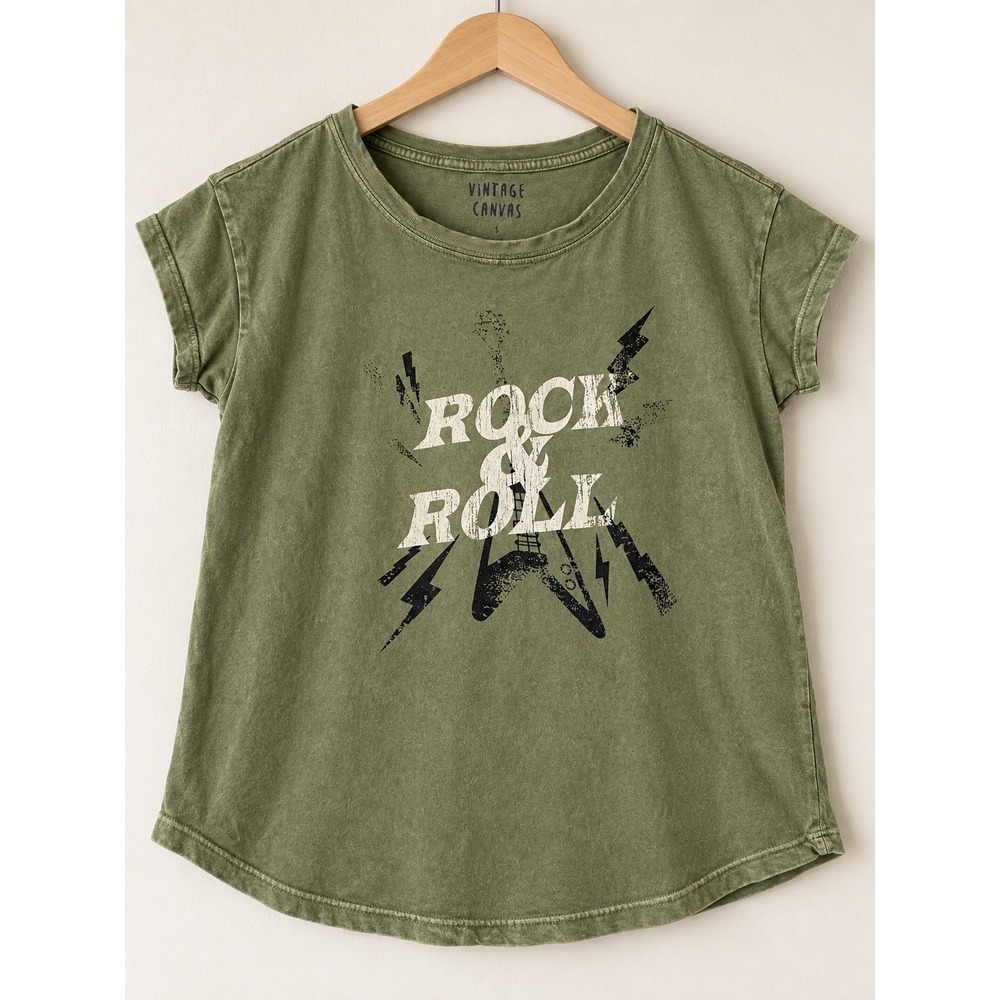 Vintage Canvas T-Shirt Rock & Roll Graphic Distressed Olive Green Womens Small